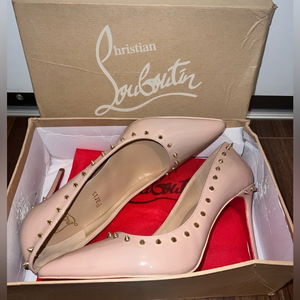 Christian Louboutin Anjalina Spike Patent Red Sole Pump, Nude/Golden